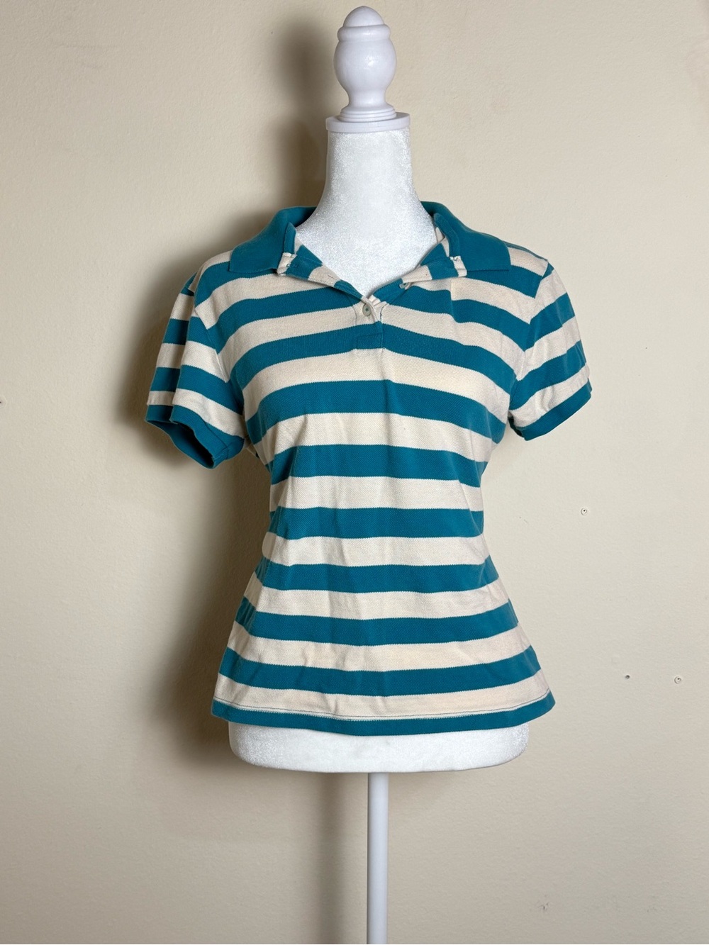 Striped Teal and Cream Polo Top - Women